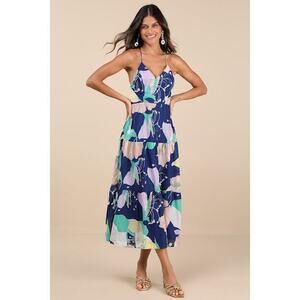 Lulus Hours Of Flowers Blue Multi Floral Lace-up Tiered Midi Dress - Size XL